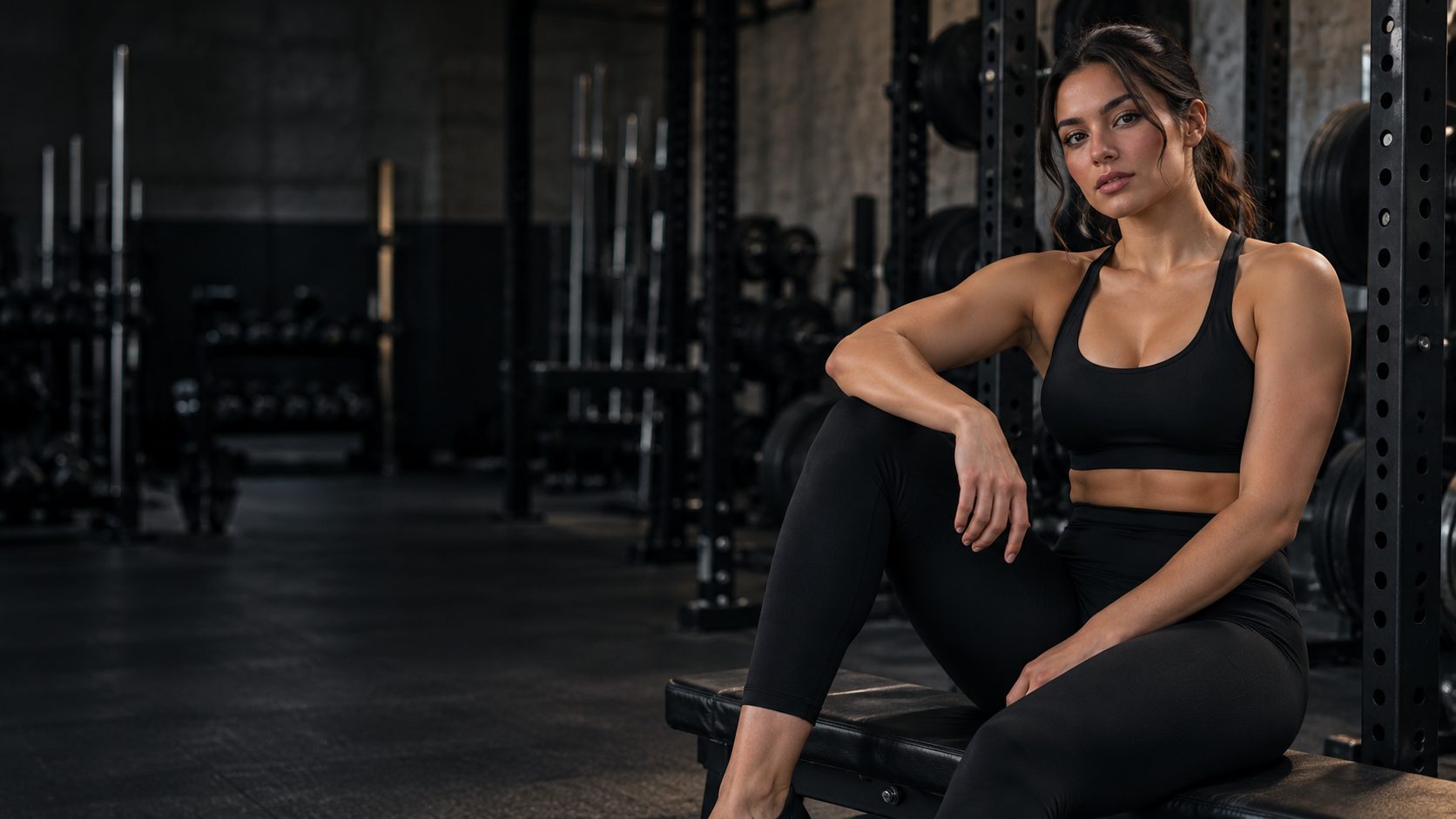 A woman in black training clothes sits on a bench in a strength gym
